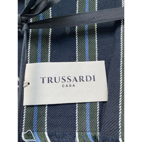 Trussardi Casa Throw Wool Blend Made In Italy 55x69” Blue, White & Green Stripes - Picture 2 of 6
